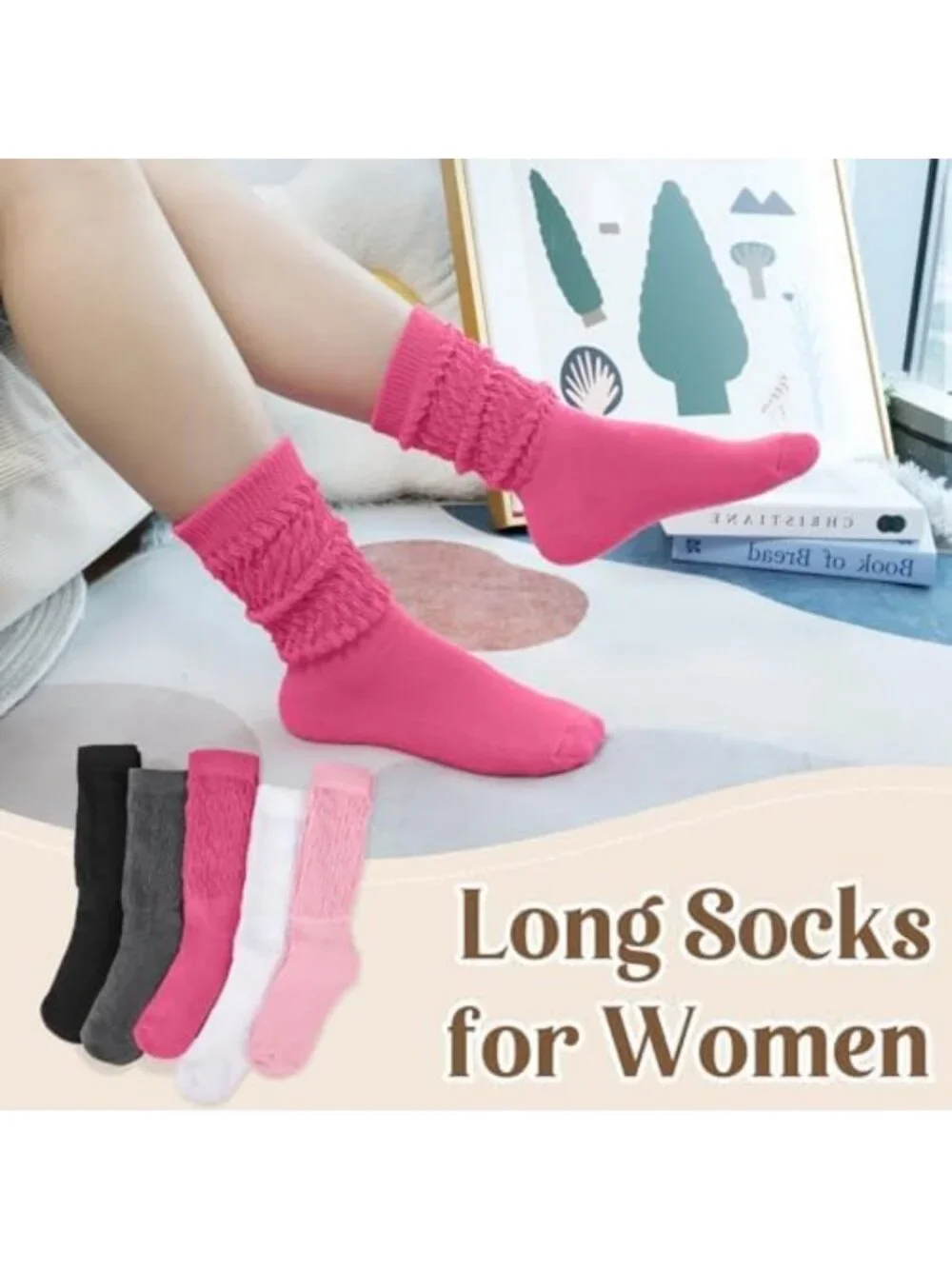 Cozy 5 Pairs Slouchy Crew Socks for Women - Long Scrunch Boot Socks Set